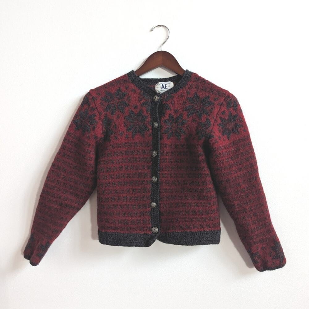 Vtg 90s American Eagle Medium Red Snowflake Cardigan Wool Natural